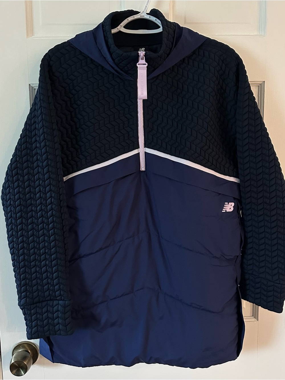 New Balance Navy and Purple Quilted Quarter Zip Hooded Pullover Size S NWT